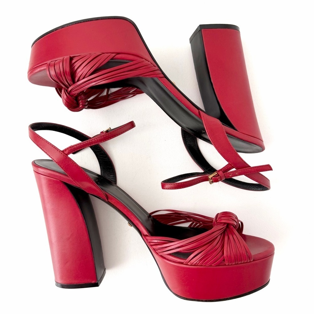 GUCCI | Red Leather Allie Knot Platform High Heels Sandals 39.5 - Picture 2 of 16